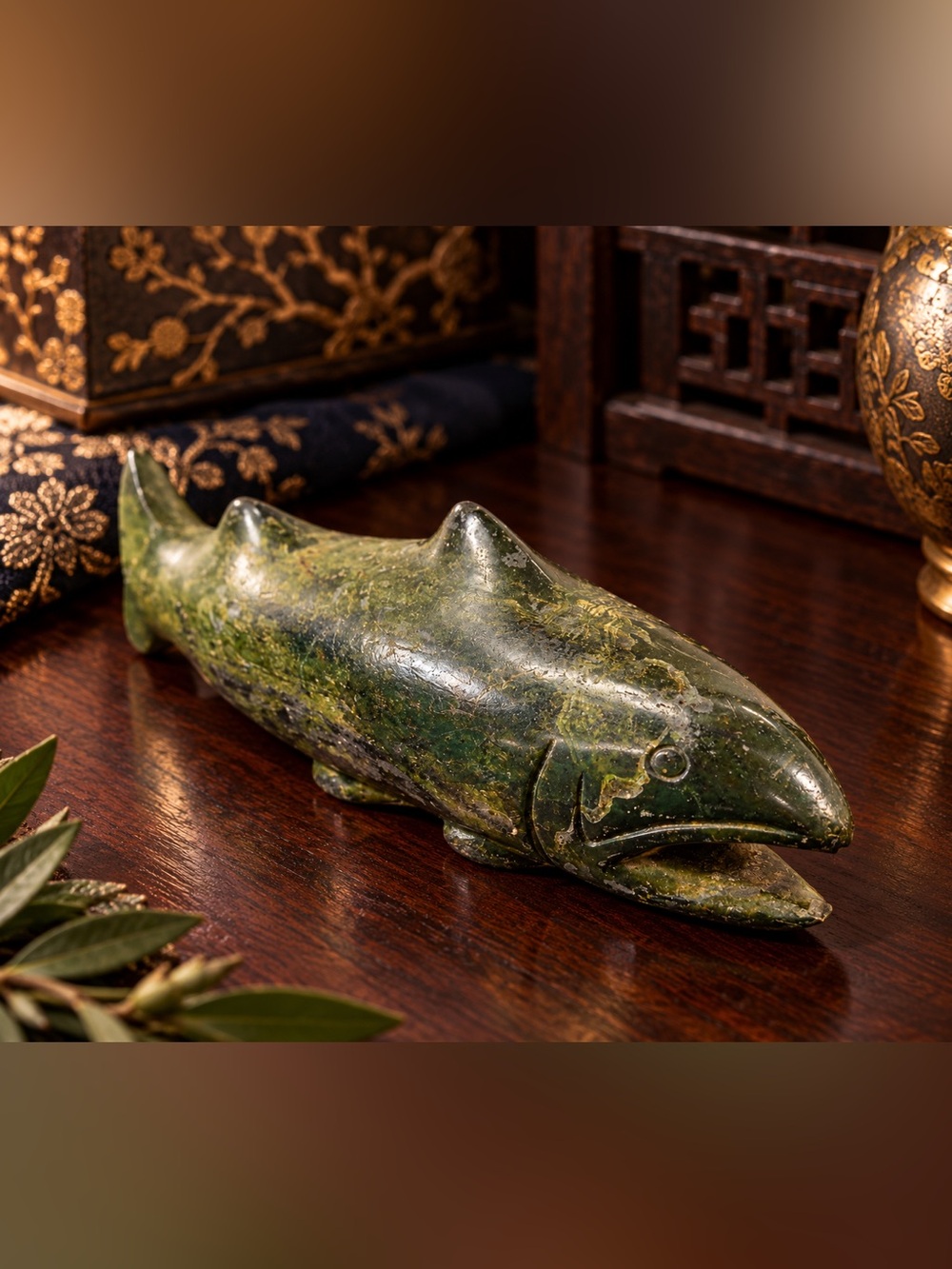Vintage Venture West Native Arts Hand-Carved Green Stone Coho Salmon Sculpture